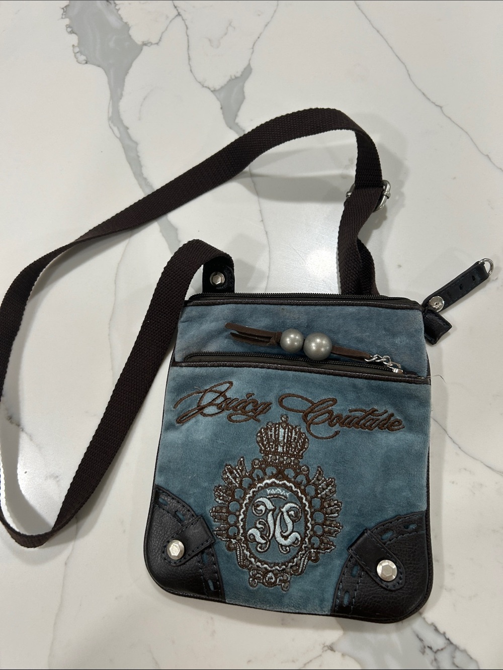 Juicy Couture Teal Suede Embroidered Crossbody with Brown Trim
